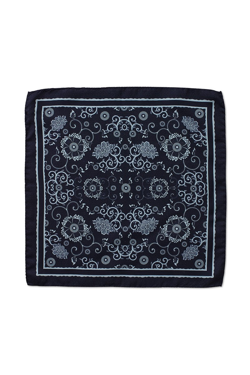 SCROLL FLORAL POCKET SQUARE -NAVY