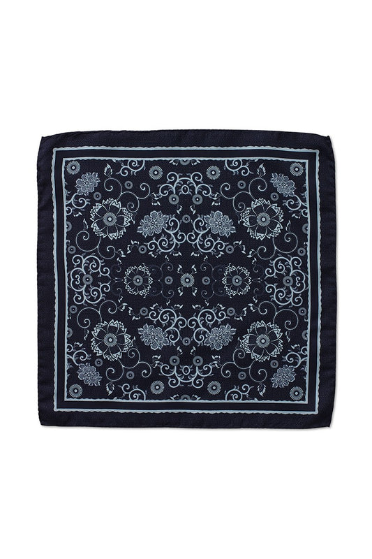 SCROLL FLORAL POCKET SQUARE -NAVY